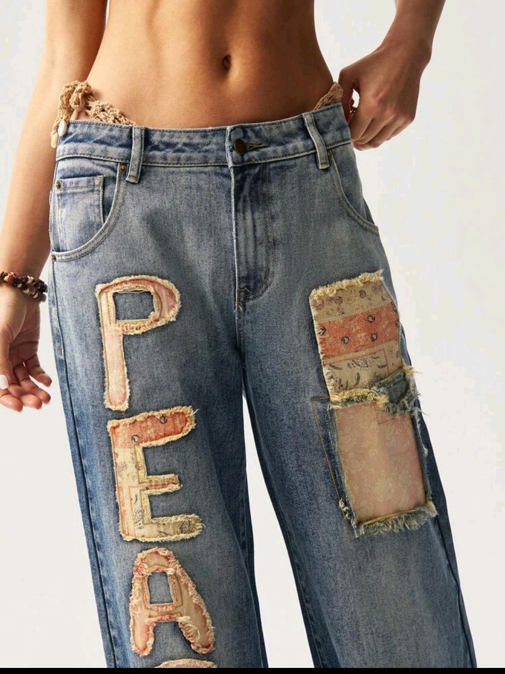 Bohemela Women’s Blue Patchwork 'Peace' Wide-Leg Cuff Jeans - Picture 2 of 6